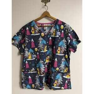 Disney Womans Smock Top Scrubs Winnie The Pooh Piglet Size Large Winter Snow
